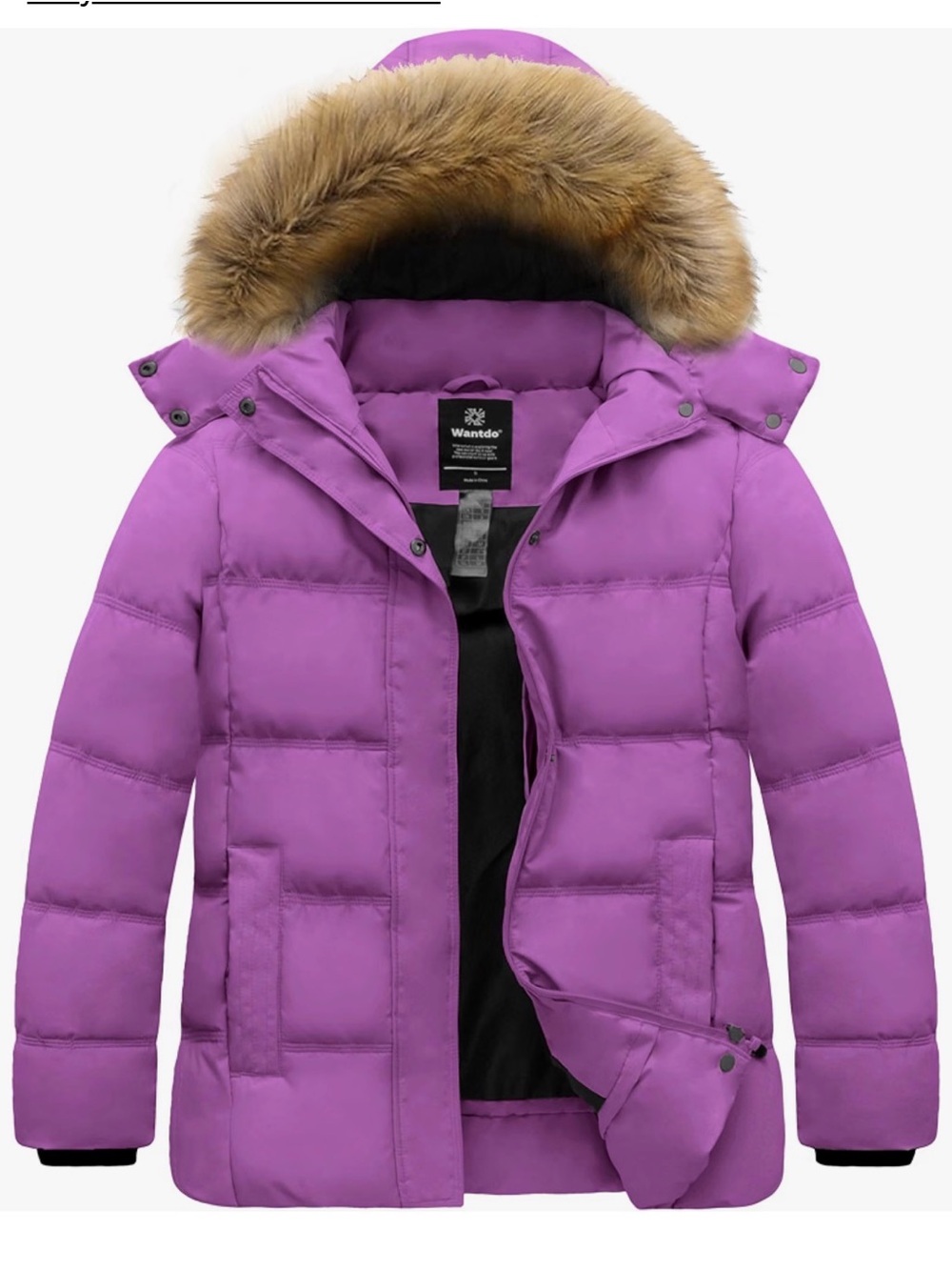 Warm Purple Puffer Coat with Faux-Fur Trim Hood